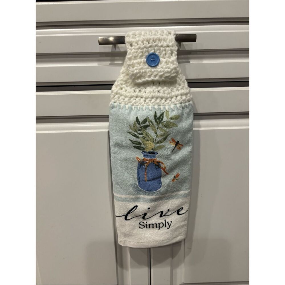 Crochet Top Kitchen Towel- Live simple (leaves and jar)
